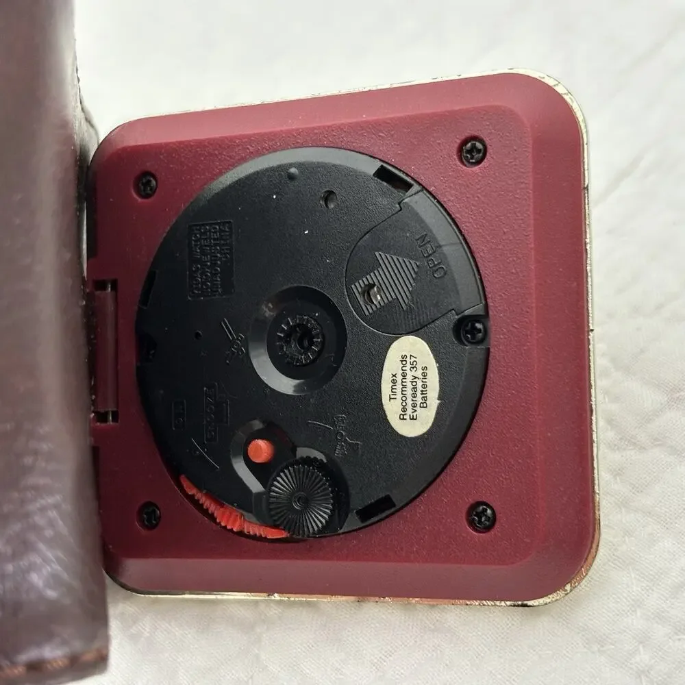 Vintage TIMEX Quartz Travel Alarm Clock, Brown Faux Leather Case